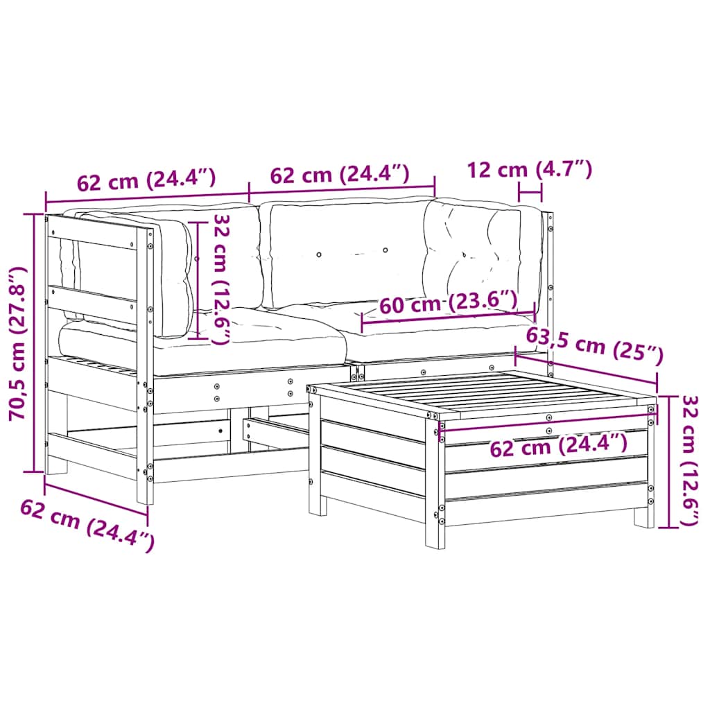 Set Divani da Giardino 3 pz con Cuscini Legno Massello di Pino