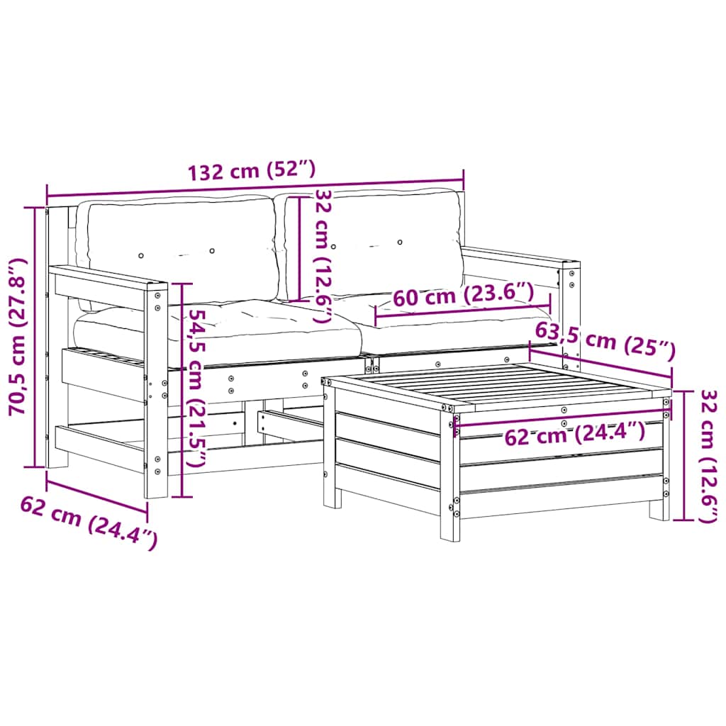 Set Salotto da Giardino 3 pz Cuscini Legno Massello Pino Bianco - homemem39