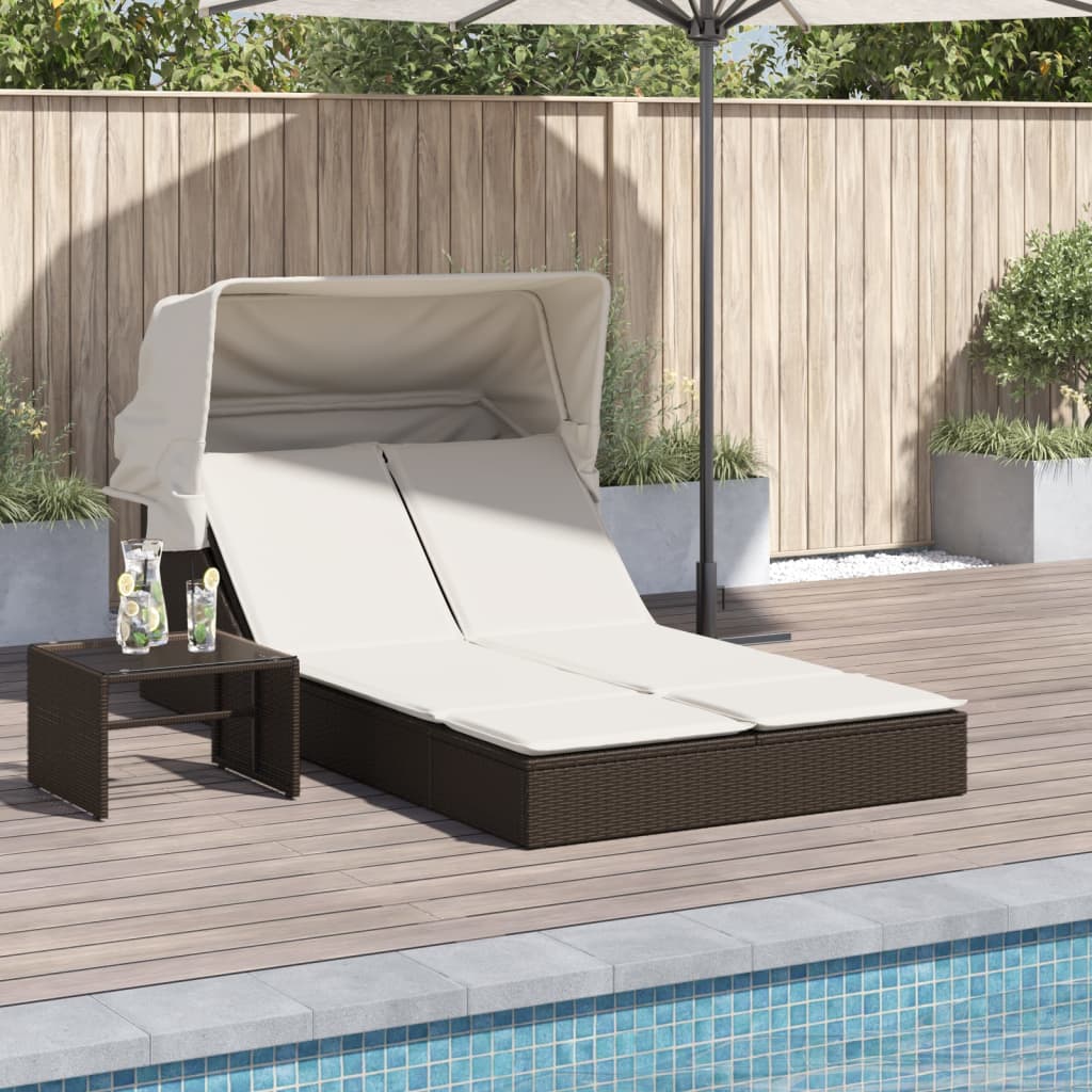 Lettino Doppio con Baldacchino e Cuscini Marrone in Polyrattan - homemem39