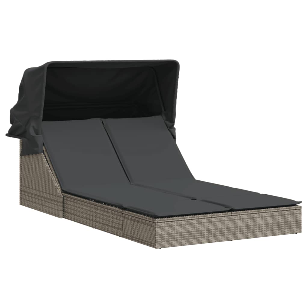Lettino Doppio con Baldacchino e Cuscini Grigio in Polyrattan - homemem39