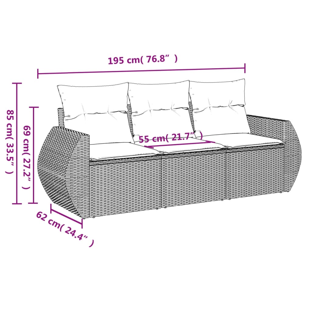 Set Divani da Giardino 3 pz con Cuscini Grigio in Polyrattan | homemem39