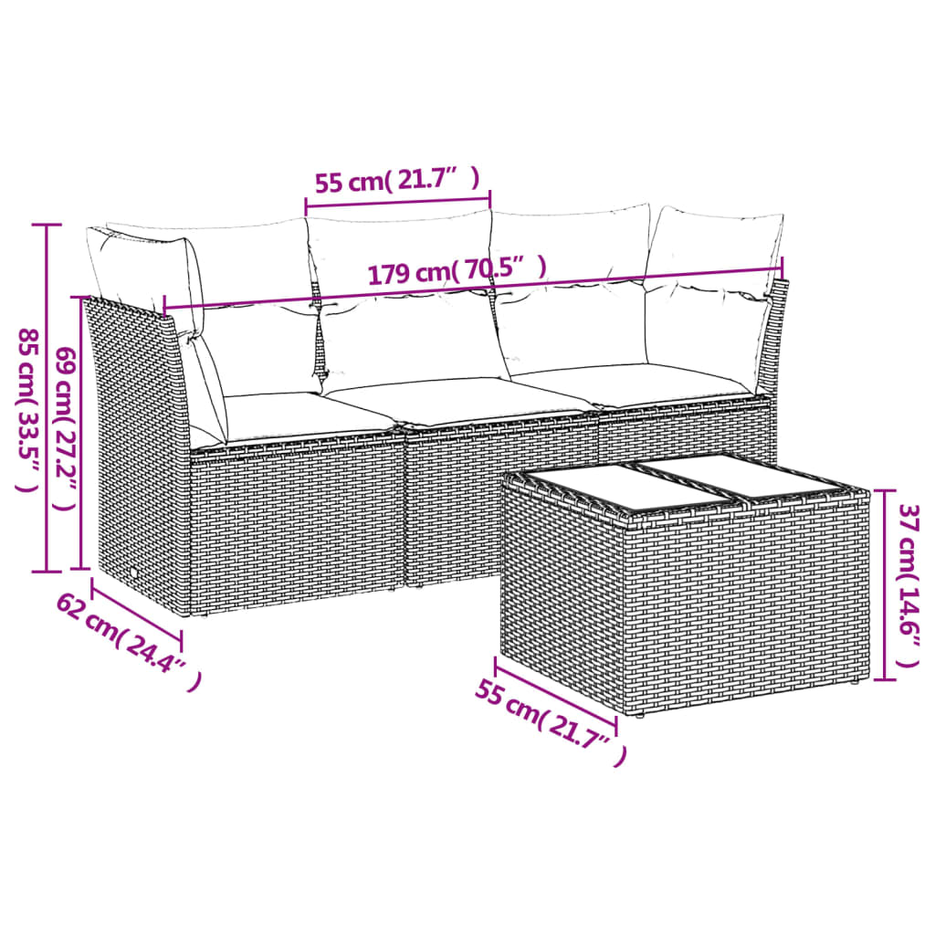 Set Divani da Giardino 4 pz con Cuscini in Polyrattan Grigio | homemem39