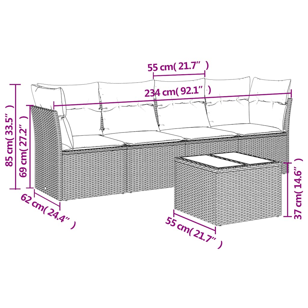 Set Divano da Giardino 5pz con Cuscini Grigio Chiaro Polyrattan | homemem39