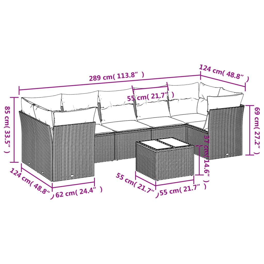 Set Divani da Giardino 8 pz con Cuscini Marrone in Polyrattan | homemem39