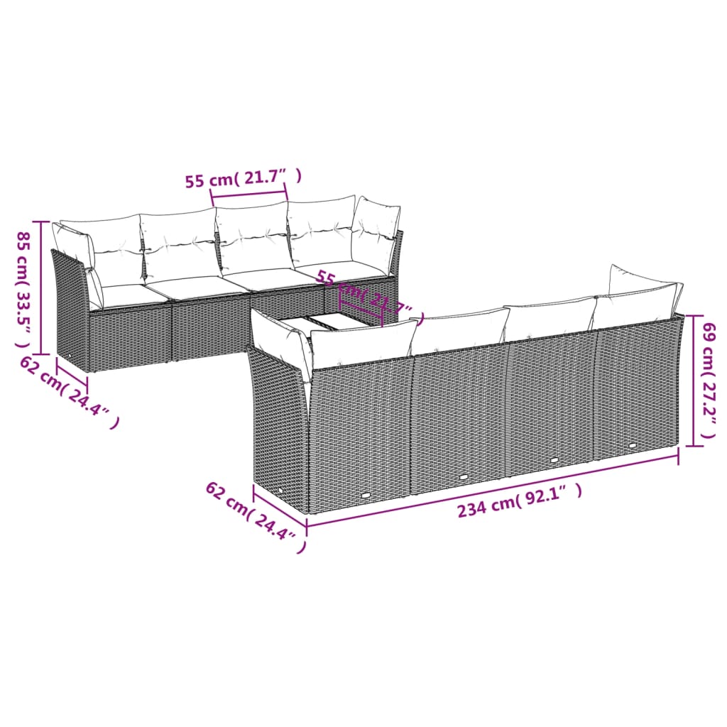 Set Divani da Giardino 9 pz con Cuscini Nero in Polyrattan
