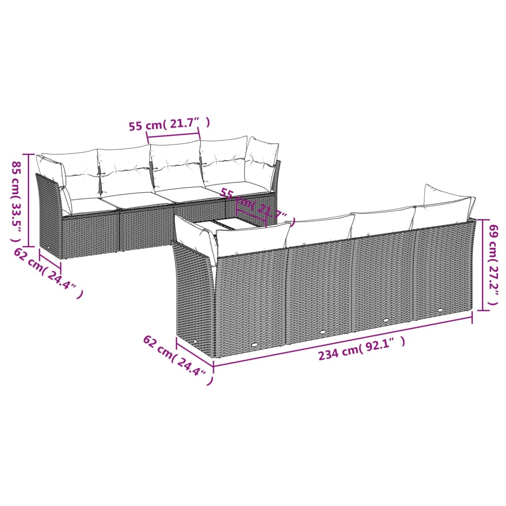 Set Divani da Giardino 9pz con Cuscini Marrone in Polyrattan | homemem39