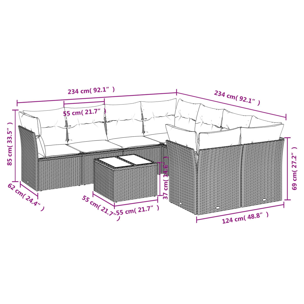 Set Divano da Giardino 9pz con Cuscini Grigio Chiaro Polyrattan | homemem39