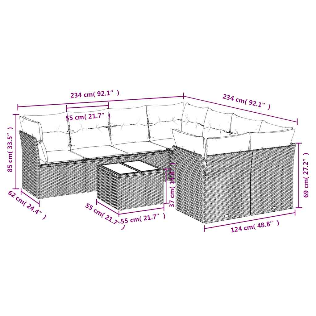 Set Divani da Giardino 9pz con Cuscini Marrone in Polyrattan | homemem39