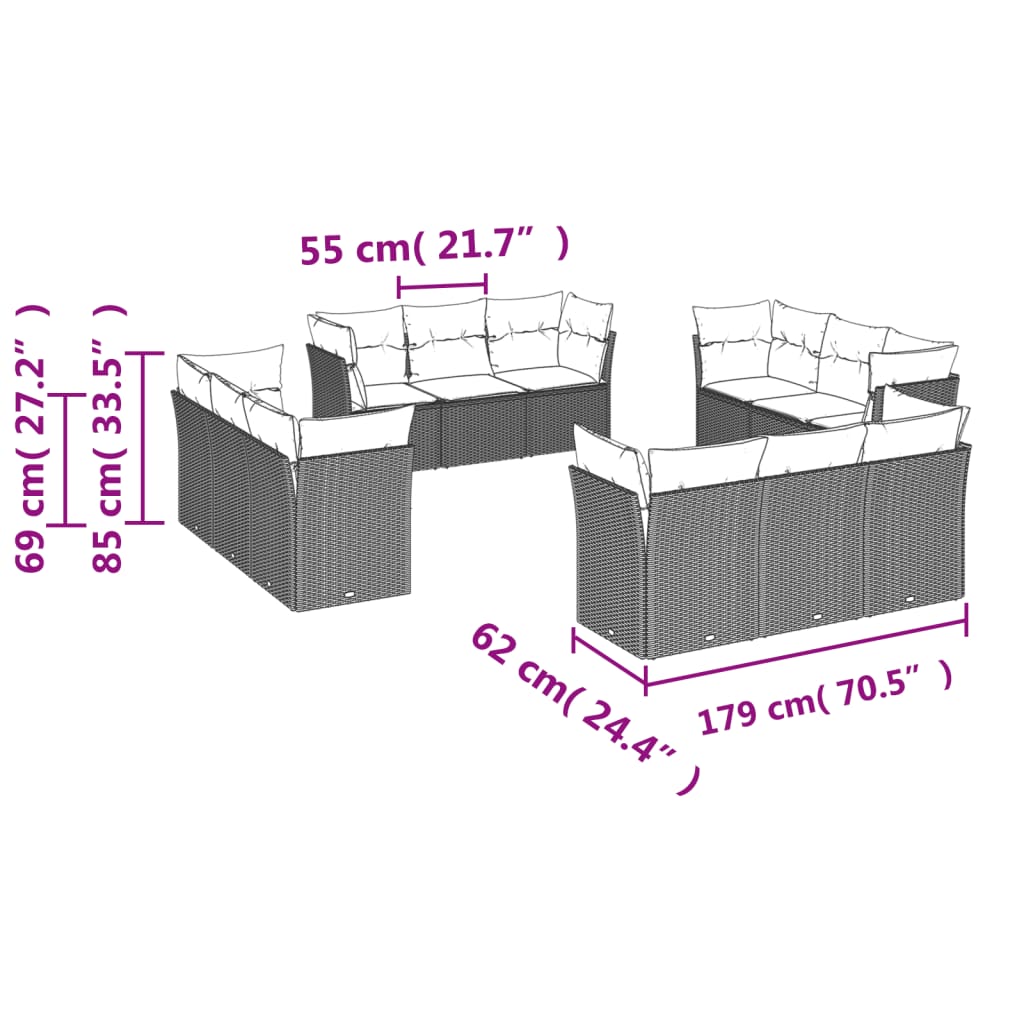 Set Divani da Giardino 12 pz con Cuscini Nero in Polyrattan | homemem39