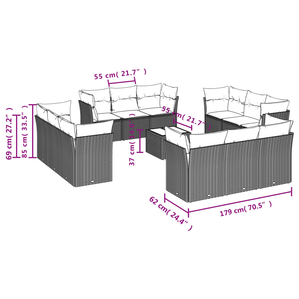 Set Divani da Giardino 13pz con Cuscini Nero in Polyrattan | homemem39
