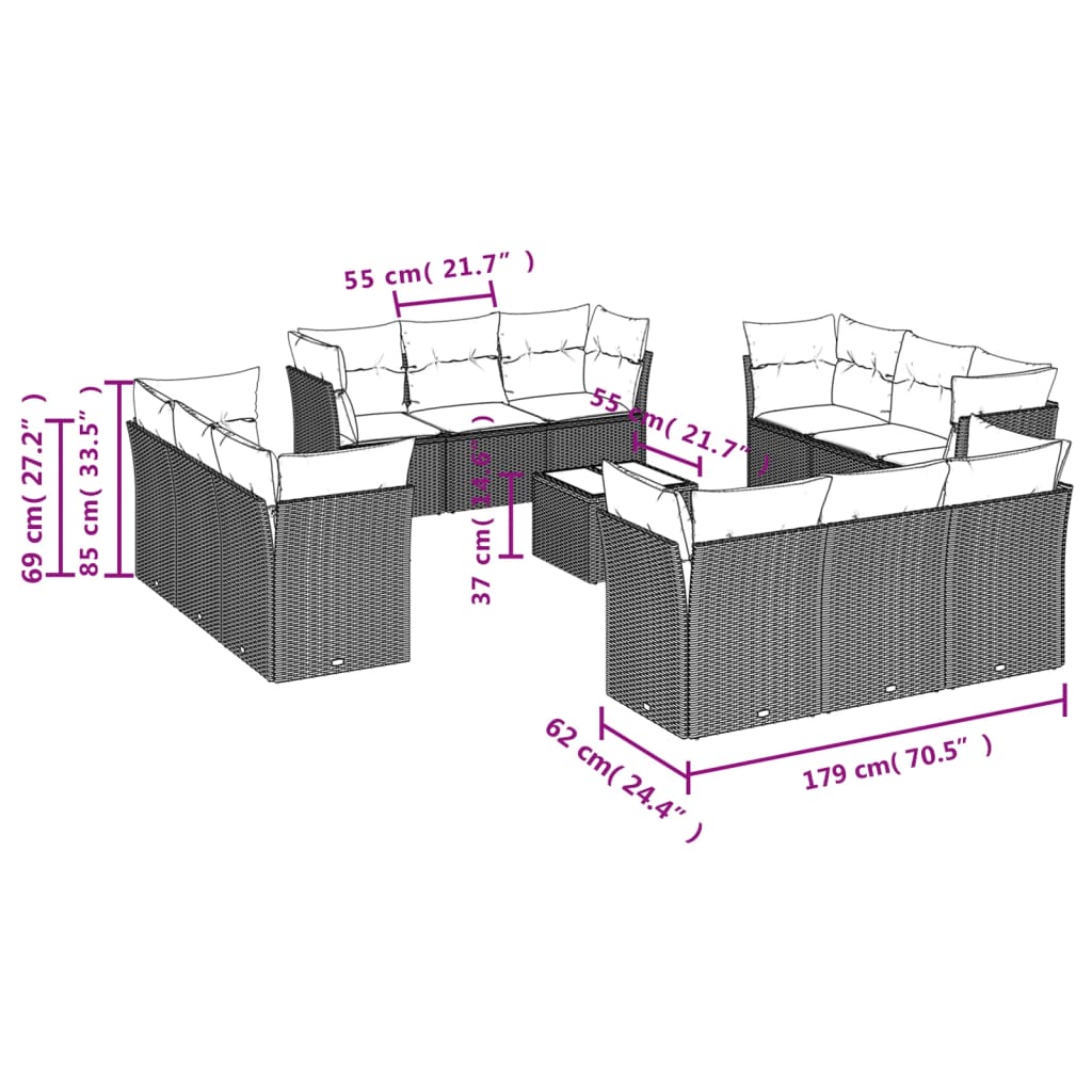 Set Divani da Giardino 13pz con Cuscini Nero in Polyrattan | homemem39
