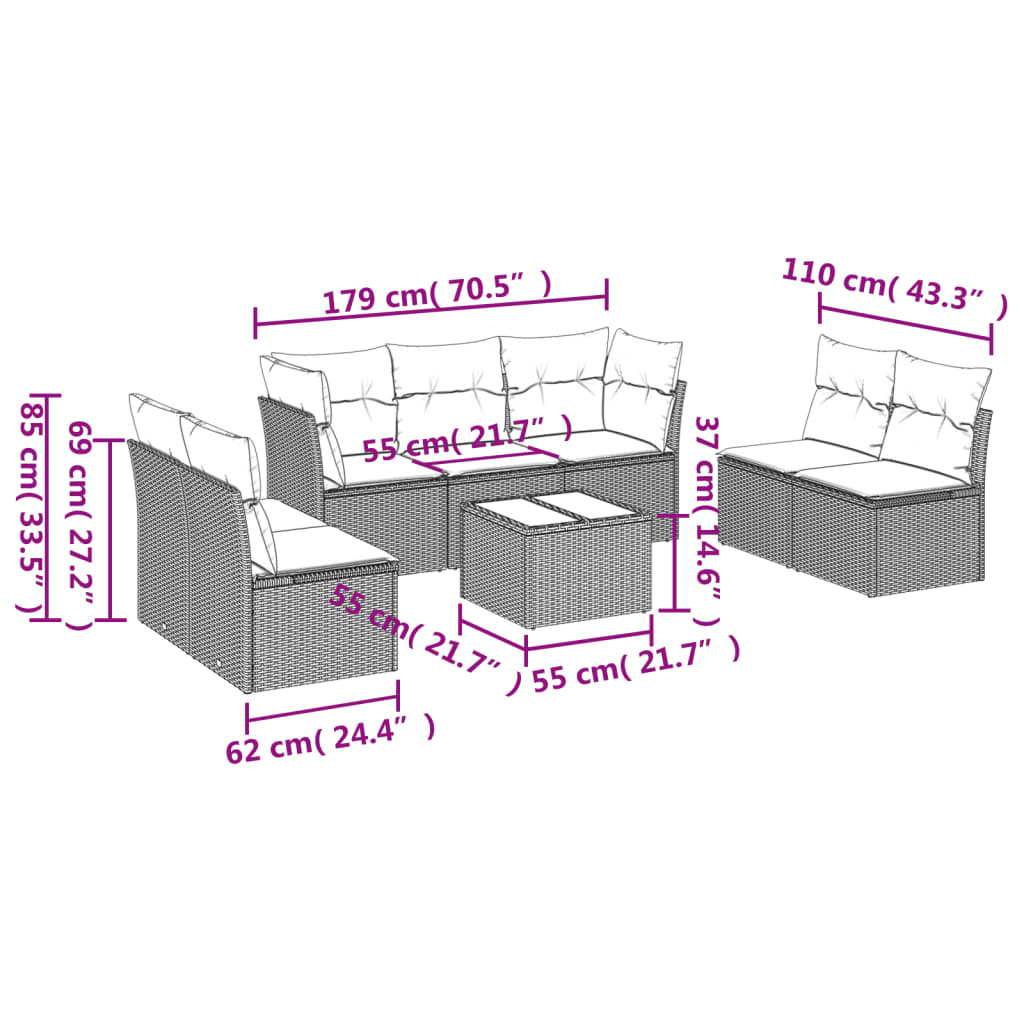 Set Divano da Giardino 8 pz con Cuscini Grigio in Polyrattan | homemem39