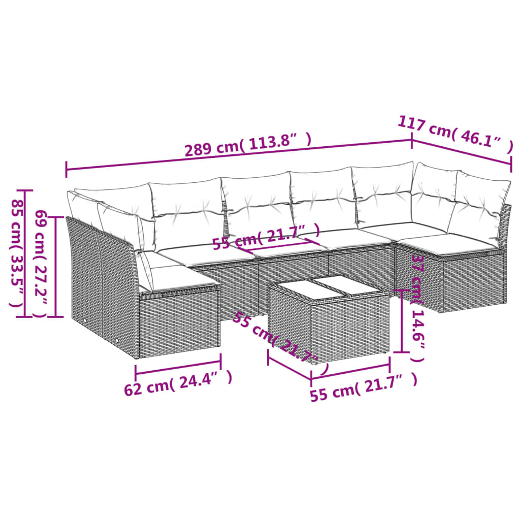 Set Divani da Giardino 8 pz con Cuscini Marrone in Polyrattan | homemem39
