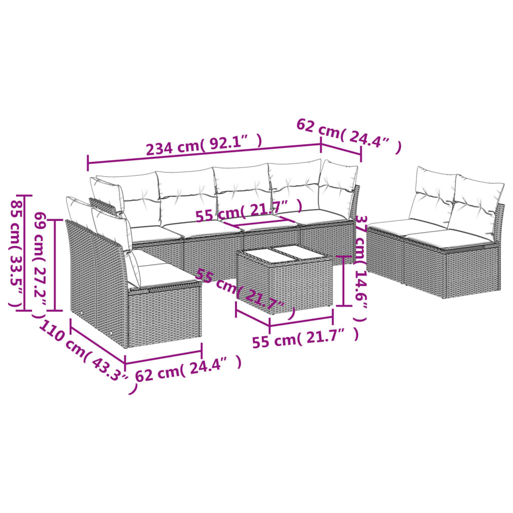 Set Divano da Giardino 9pz con Cuscini Grigio Chiaro Polyrattan | homemem39