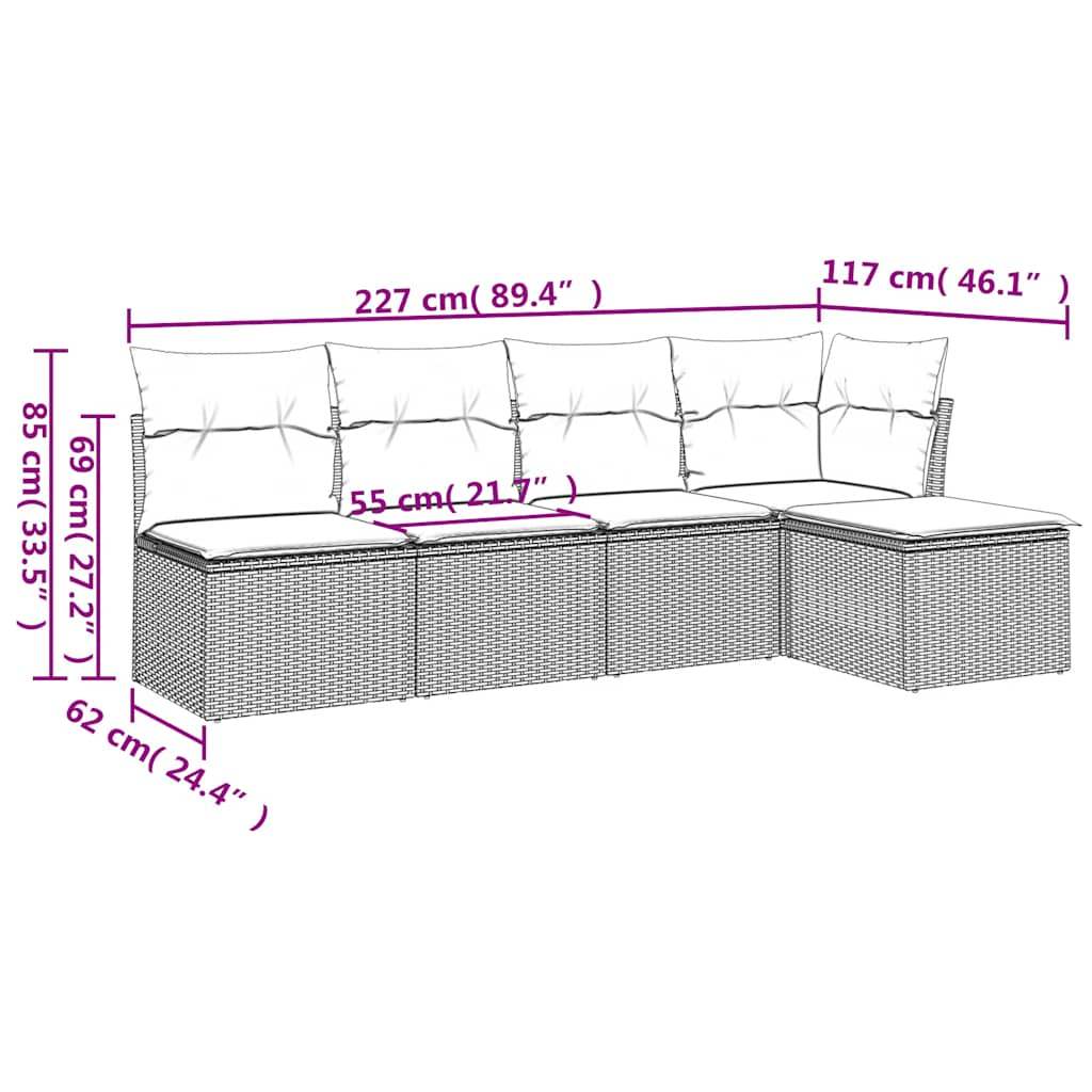 Set Divano da Giardino 5pz con Cuscini Grigio Chiaro Polyrattan | homemem39