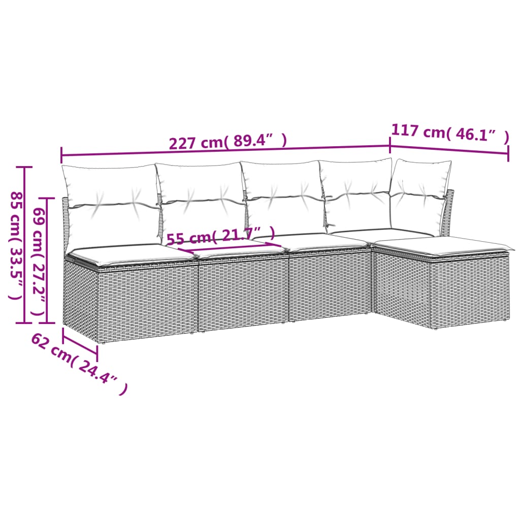 Set Divano da Giardino 5 pz con Cuscini Marrone in Polyrattan | homemem39