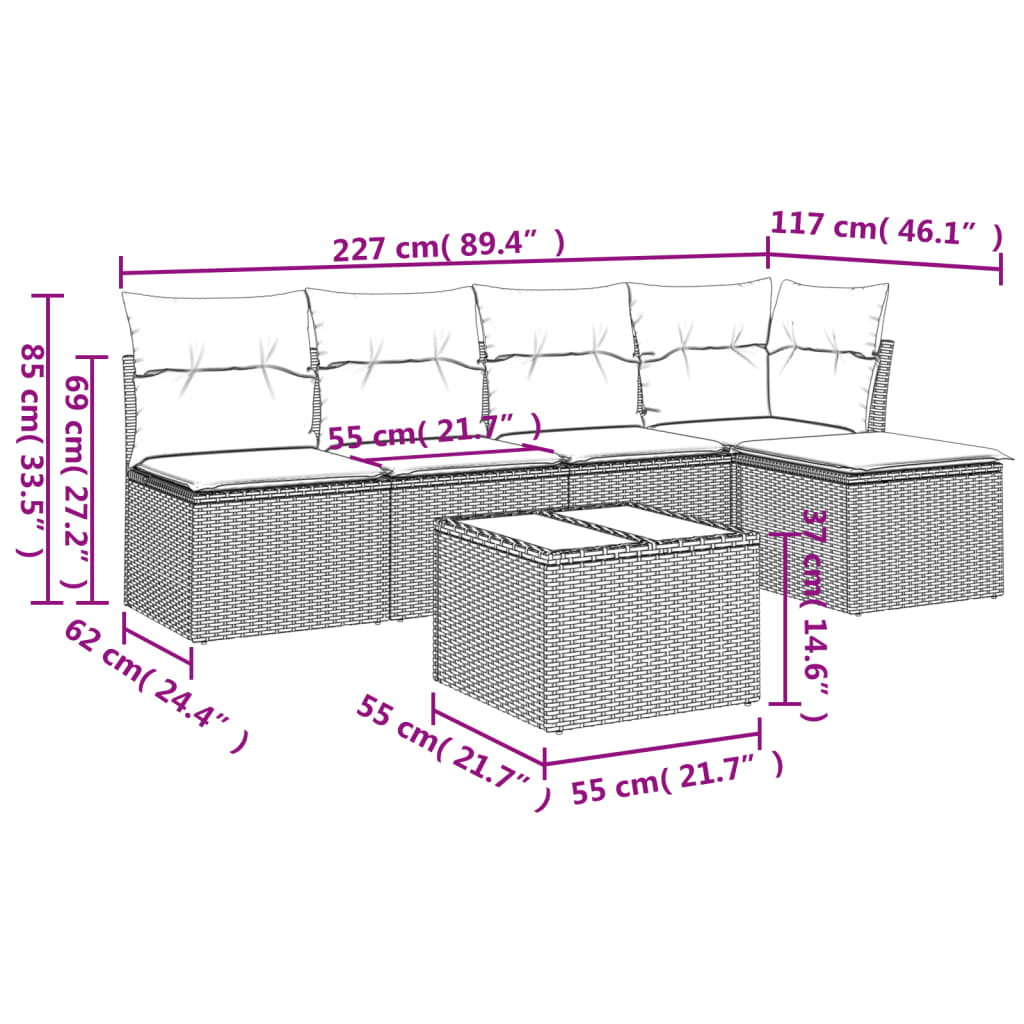 Set Divano da Giardino 6pz con Cuscini Grigio Chiaro Polyrattan | homemem39