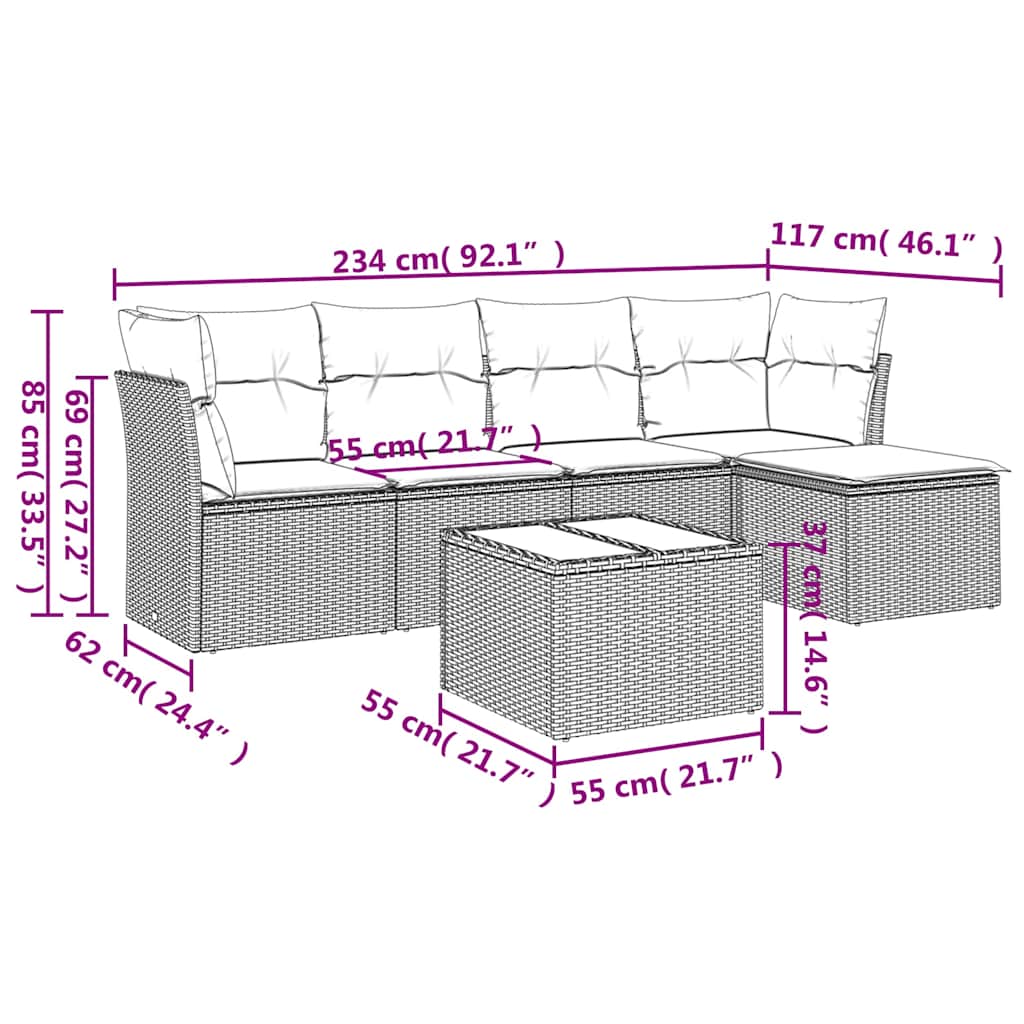 Set Divano da Giardino 6 pz con Cuscini Grigio in Polyrattan | homemem39