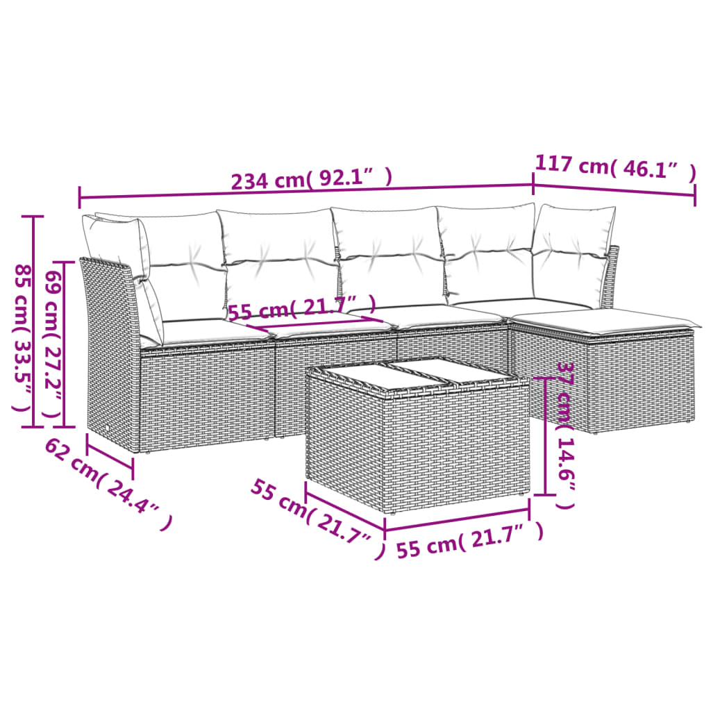Set Divano da Giardino 6pz con Cuscini Grigio Chiaro Polyrattan