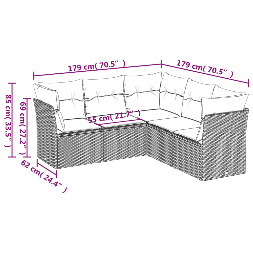 Set Divano da Giardino 5pz con Cuscini Grigio Chiaro Polyrattan | homemem39