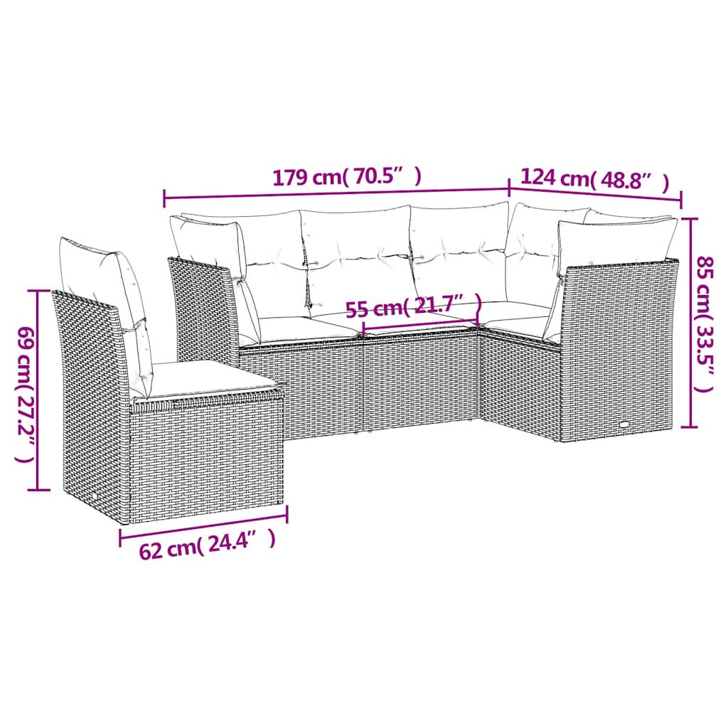 Set Divano da Giardino 5pz con Cuscini Grigio Chiaro Polyrattan | homemem39