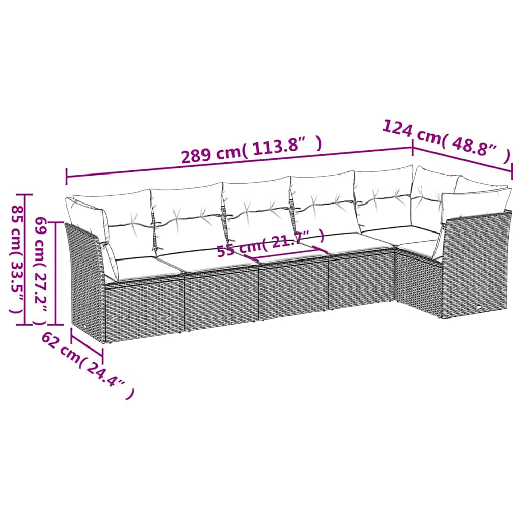Set Divano da Giardino 6 pz con Cuscini Nero in Polyrattan