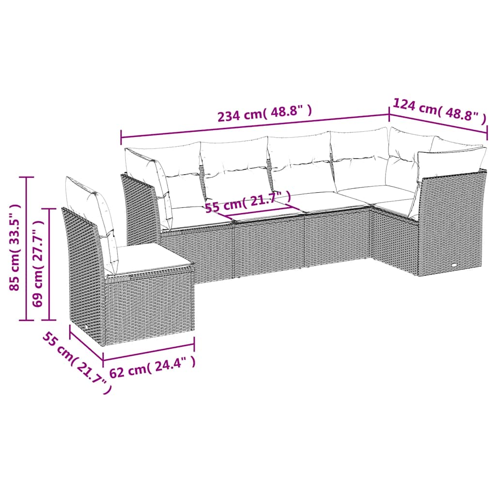 Set Divano da Giardino 6 pz con Cuscini Nero in Polyrattan