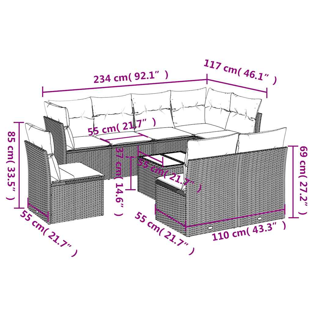 Set Divani da Giardino 9pz con Cuscini Marrone in Polyrattan | homemem39