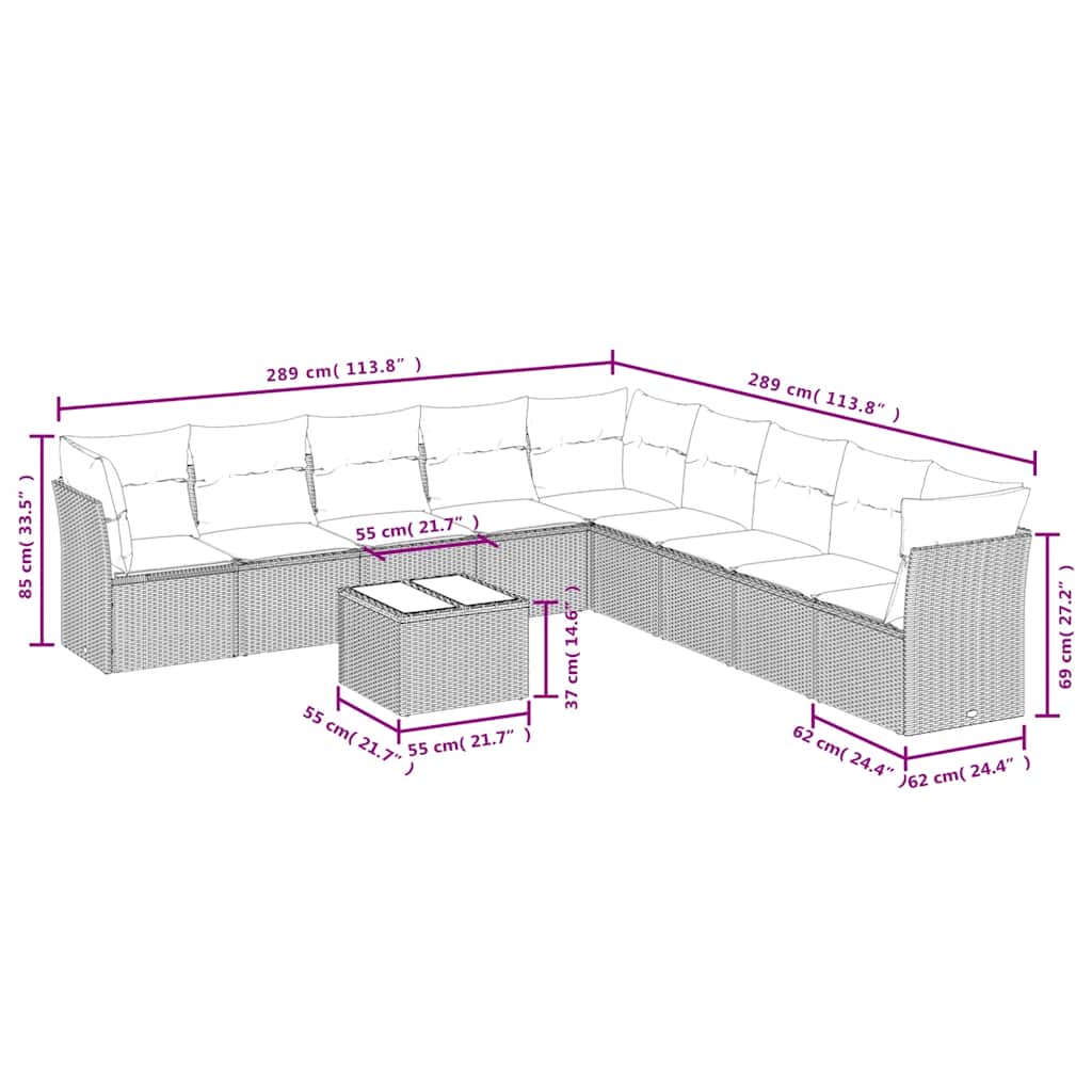 Set Divani da Giardino 10pz con Cuscini in Polyrattan Nero | homemem39