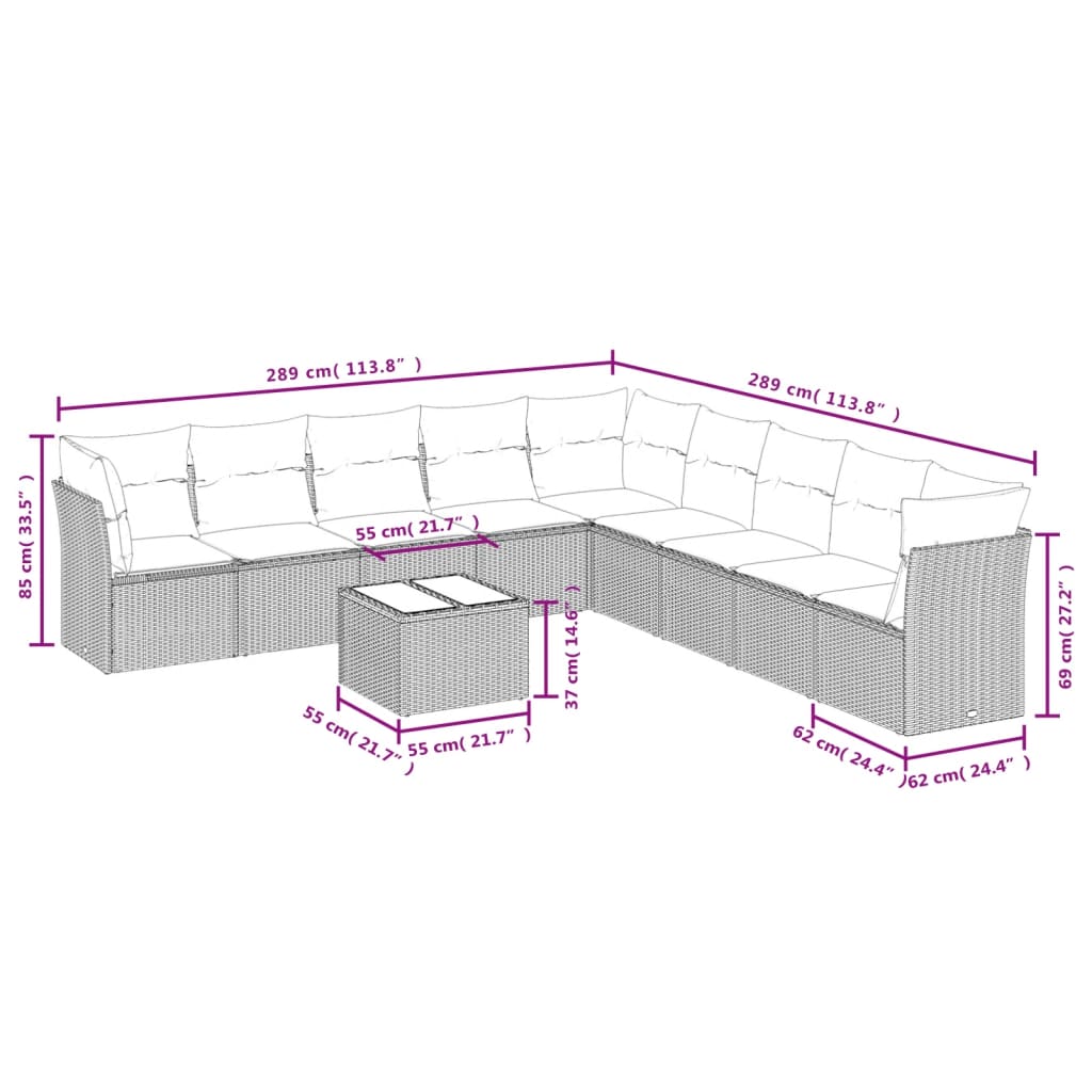Set Divano Giardino 10 pz con Cuscini Grigio Chiaro Polyrattan | homemem39