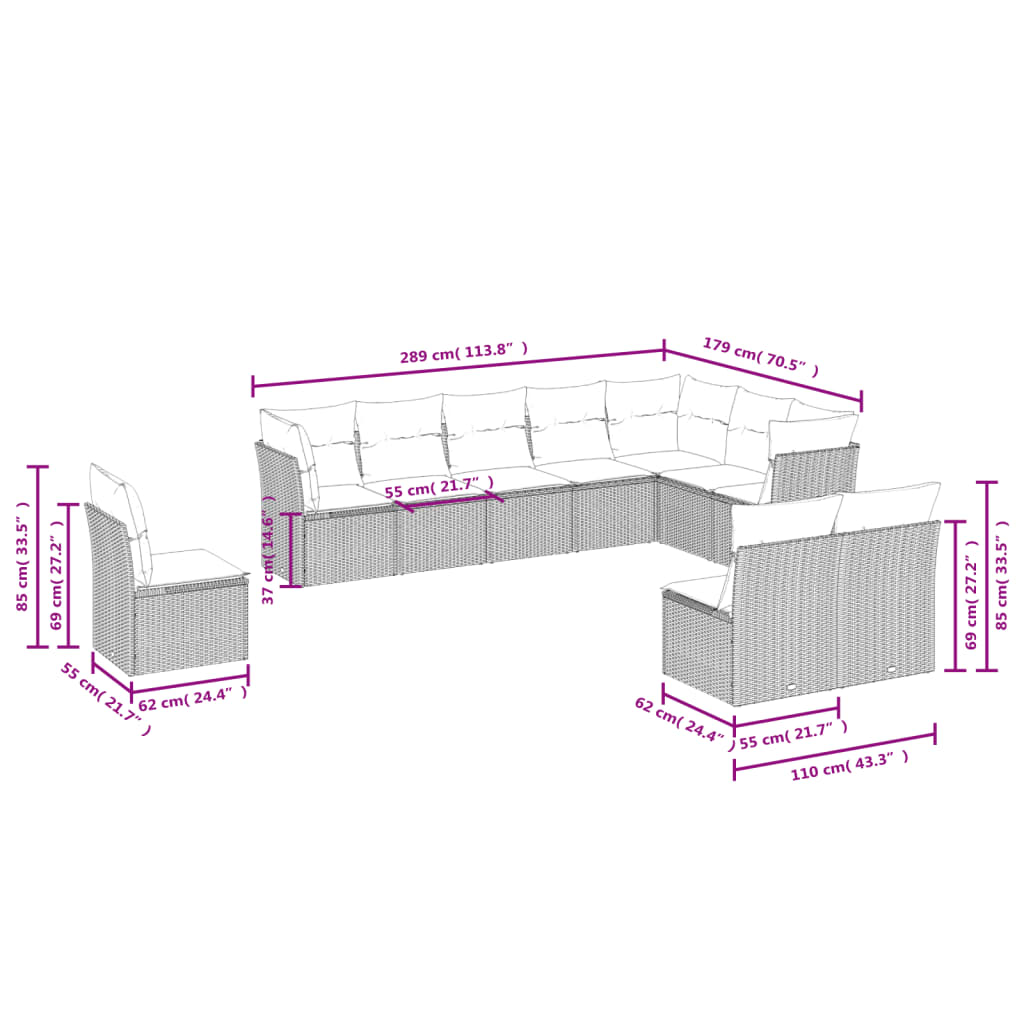 Set Divano Giardino 10 pz con Cuscini Grigio Chiaro Polyrattan | homemem39