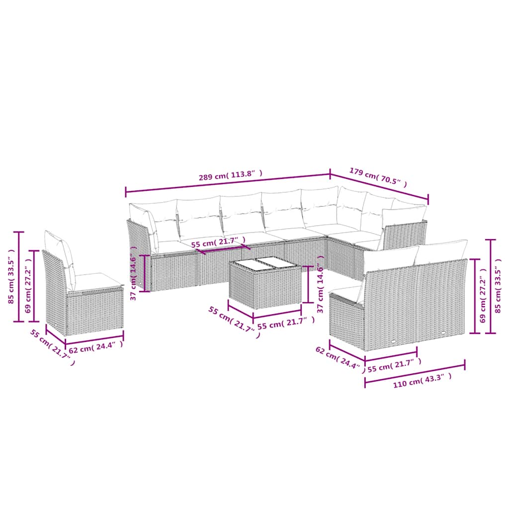 Set Divani da Giardino 11 pz con Cuscini in Polyrattan Grigio | homemem39