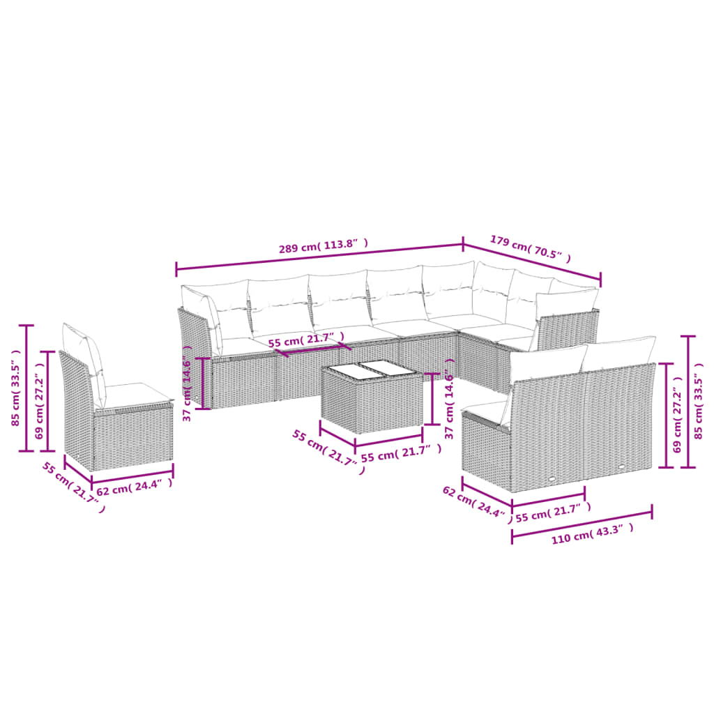 Set Divani da Giardino 11 pz con Cuscini in Polyrattan Grigio | homemem39