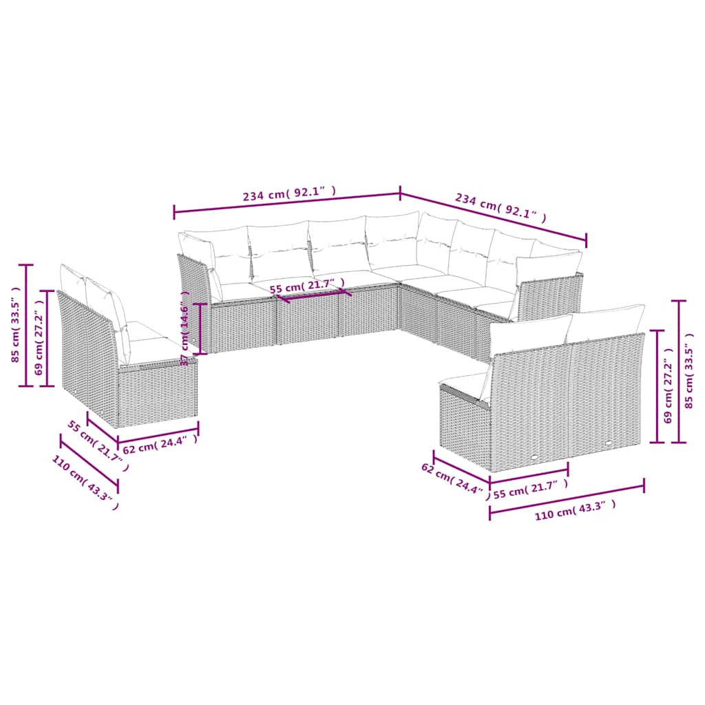 Set Divani da Giardino 11 pz con Cuscini in Polyrattan Nero | homemem39