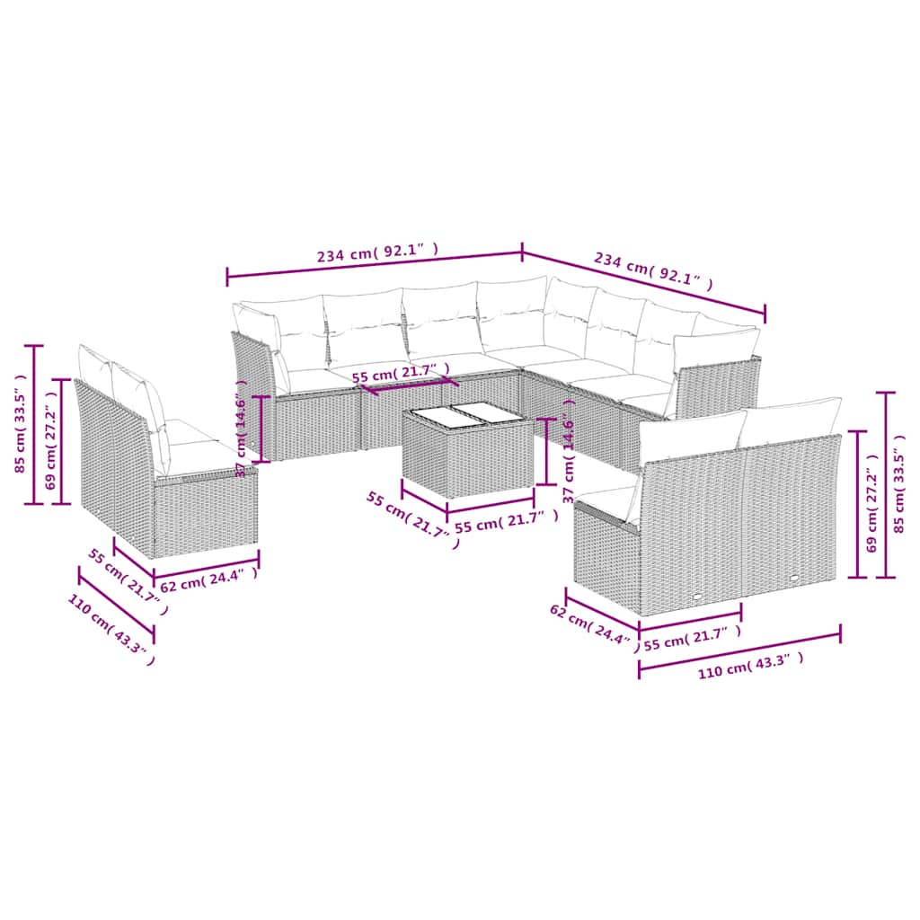 Set Divani da Giardino 12 pz con Cuscini Nero in Polyrattan | homemem39