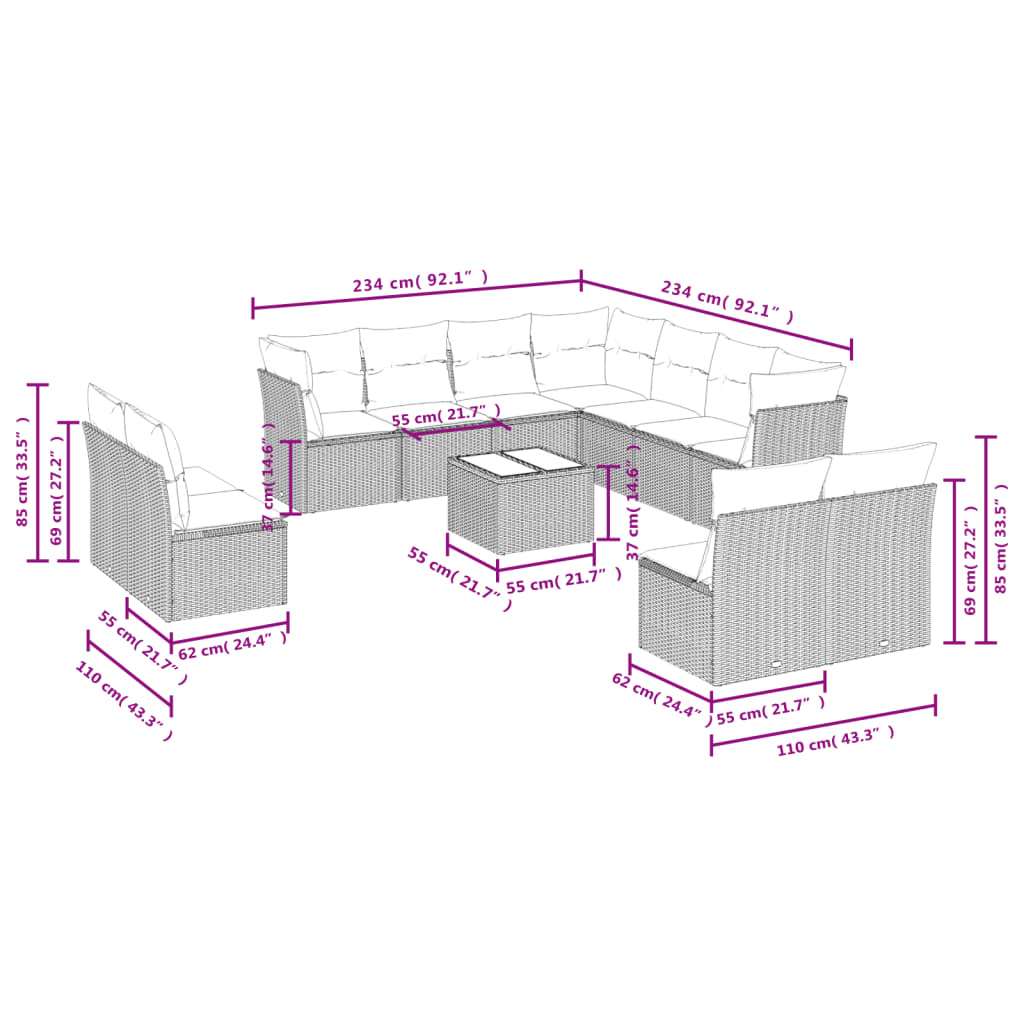 Set Divani da Giardino 12 pz con Cuscini Beige in Polyrattan | homemem39