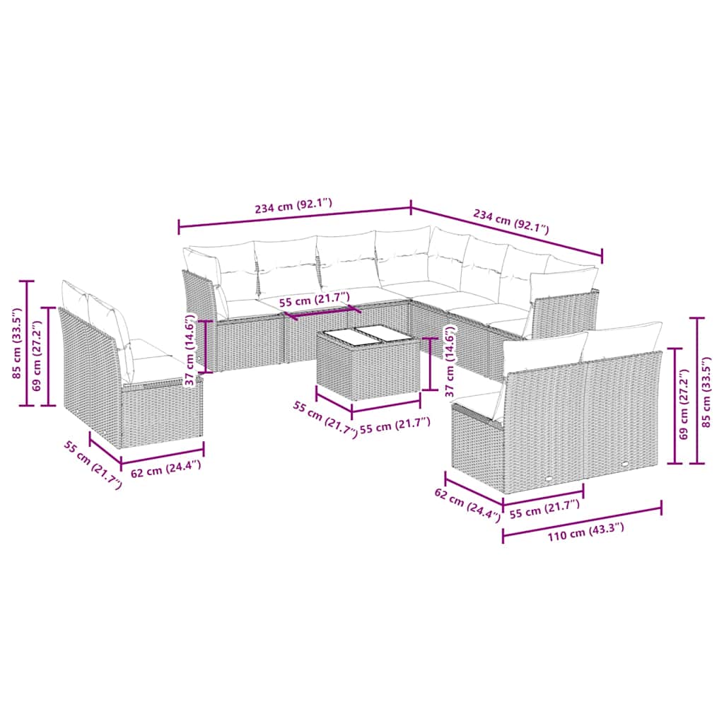 Set Divano Giardino 12 pz con Cuscini Grigio Chiaro Polyrattan | homemem39