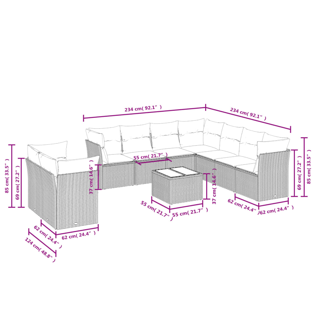 Set Divano da Giardino 10 pz con Cuscini Beige in Polyrattan | homemem39