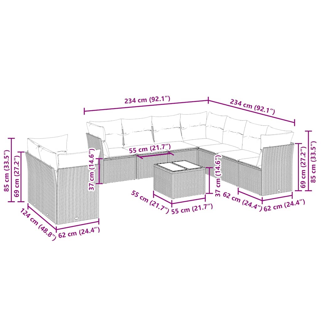 Set Divano Giardino 10 pz con Cuscini Grigio Chiaro Polyrattan | homemem39