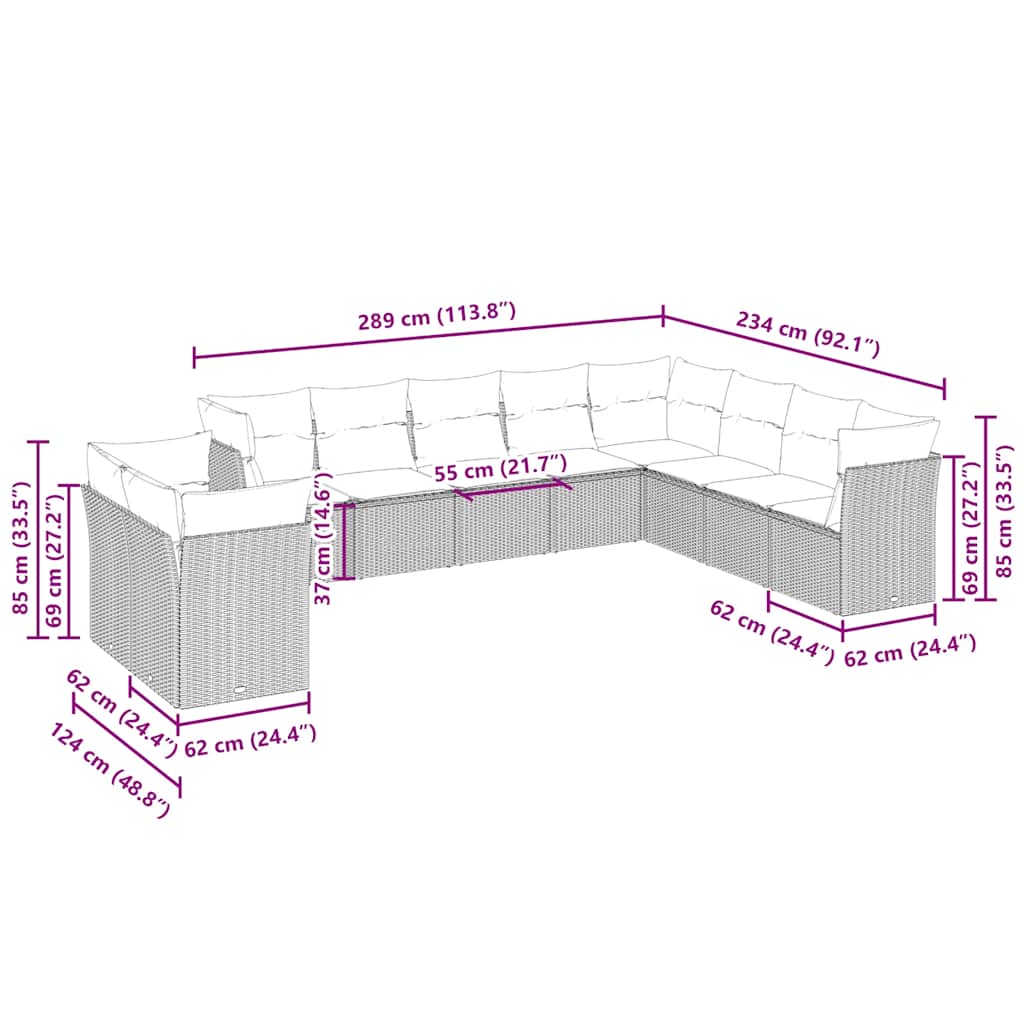 Set Divano Giardino 10 pz con Cuscini Grigio Chiaro Polyrattan | homemem39