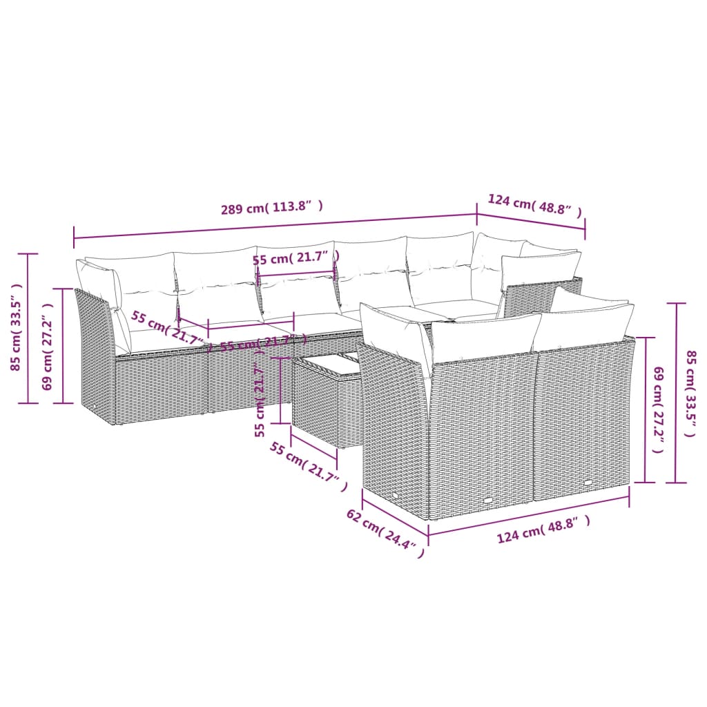 Set Divano da Giardino 9 pz con Cuscini Beige in Polyrattan | homemem39