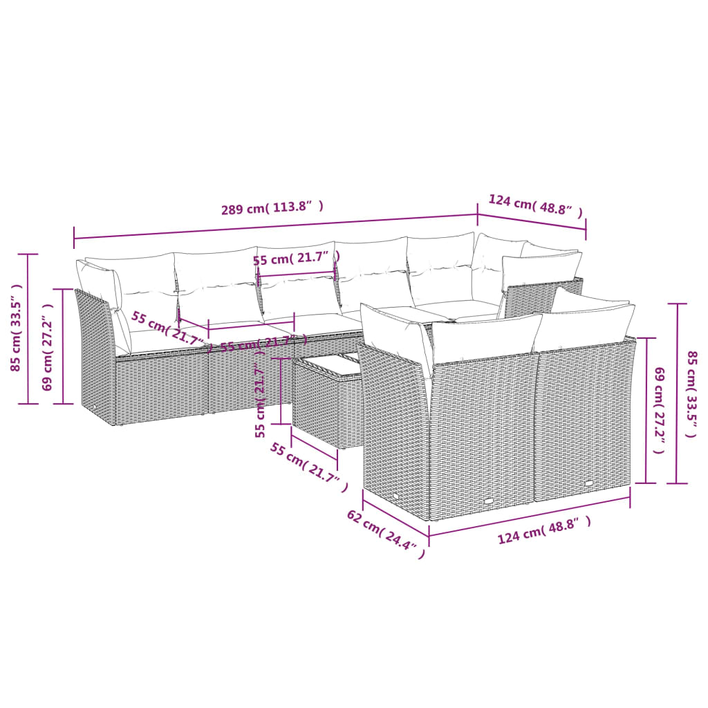 Set Divano da Giardino 9 pz con Cuscini Grigio in Polyrattan | homemem39