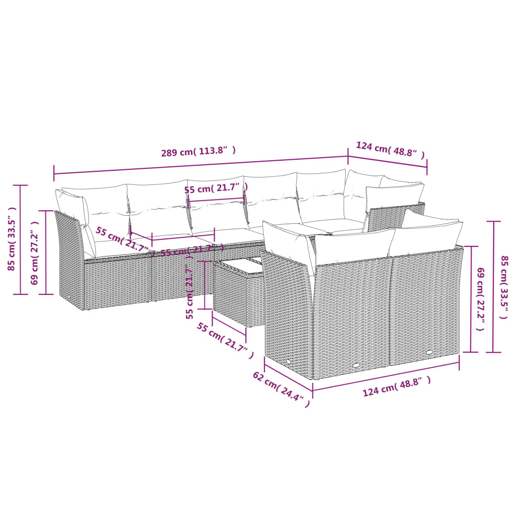 Set Divano da Giardino 9pz con Cuscini Grigio Chiaro Polyrattan | homemem39