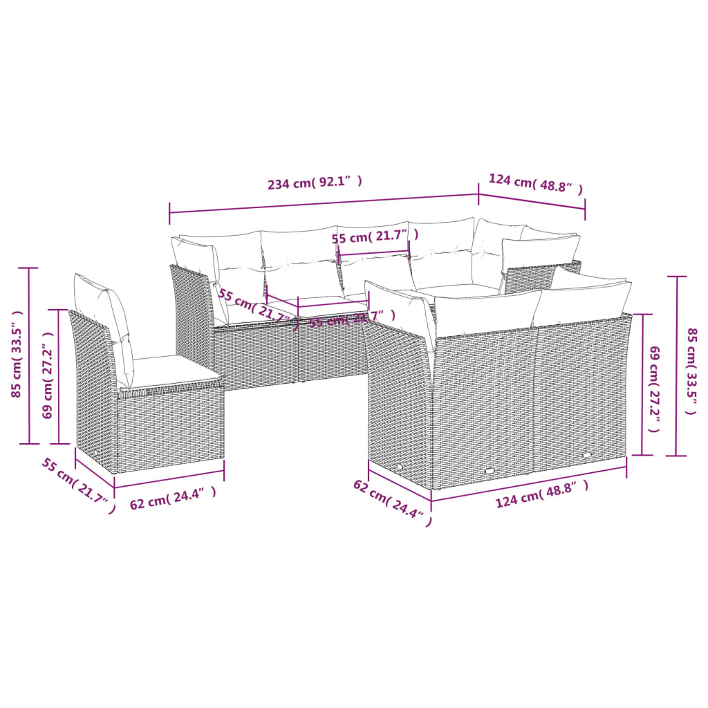 Set Divani da Giardino 8 pz con Cuscini Marrone in Polyrattan | homemem39