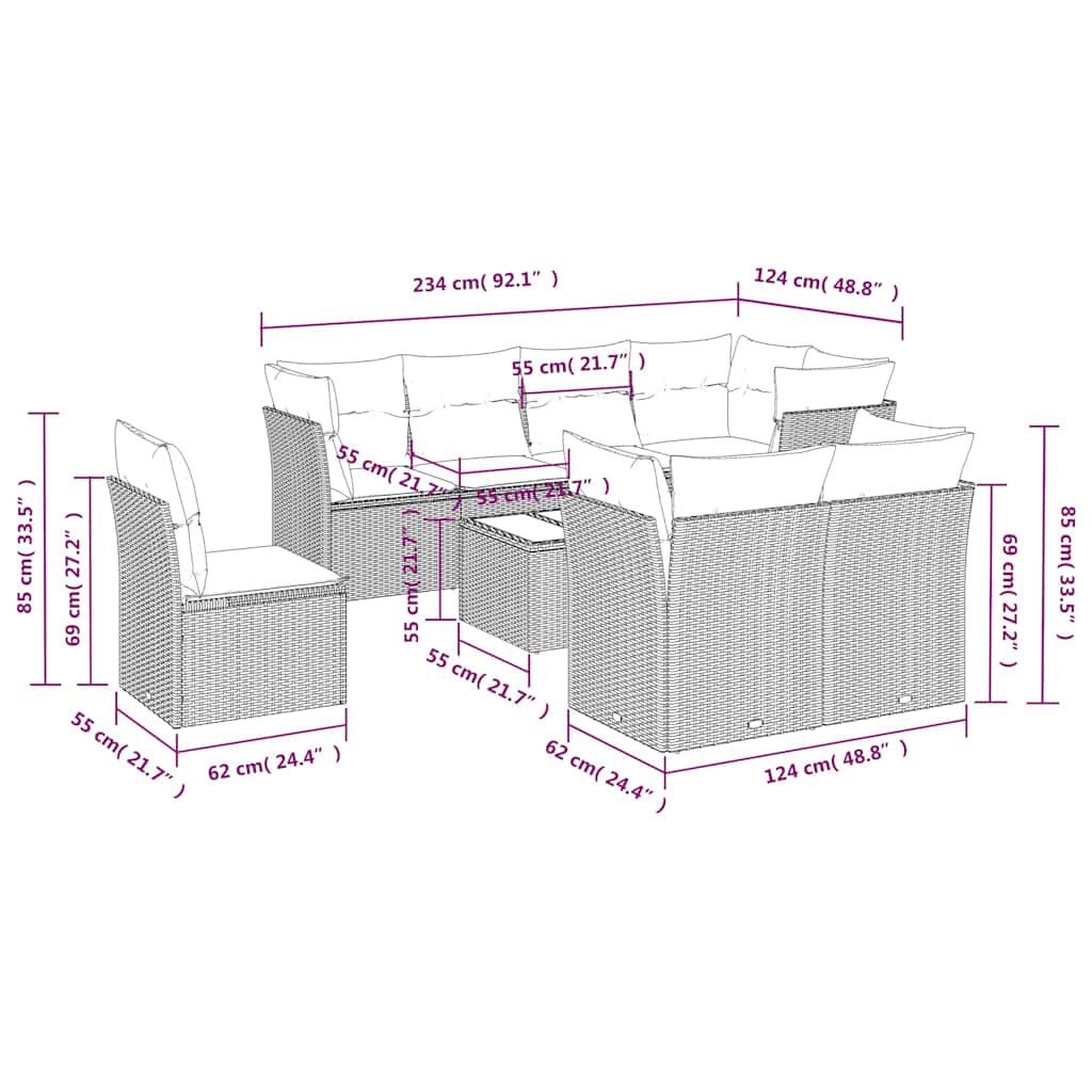 Set Divani da Giardino 9 pz con Cuscini Nero in Polyrattan | homemem39