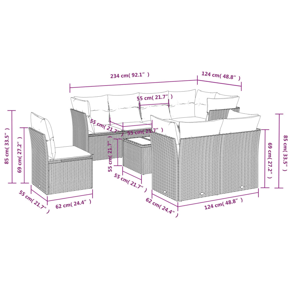 Set Divani da Giardino 9 pz con Cuscini Nero in Polyrattan | homemem39