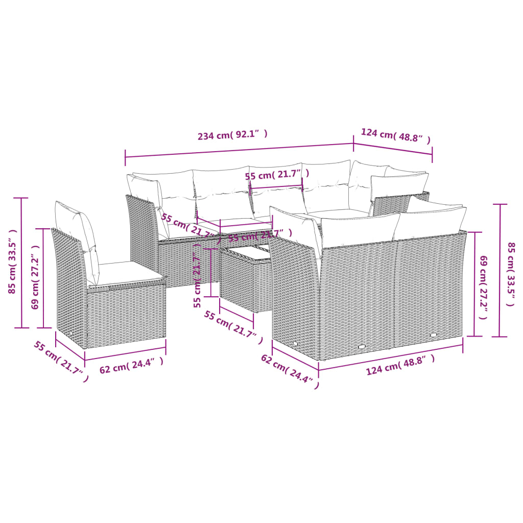 Set Divano da Giardino 9pz con Cuscini Grigio Chiaro Polyrattan | homemem39