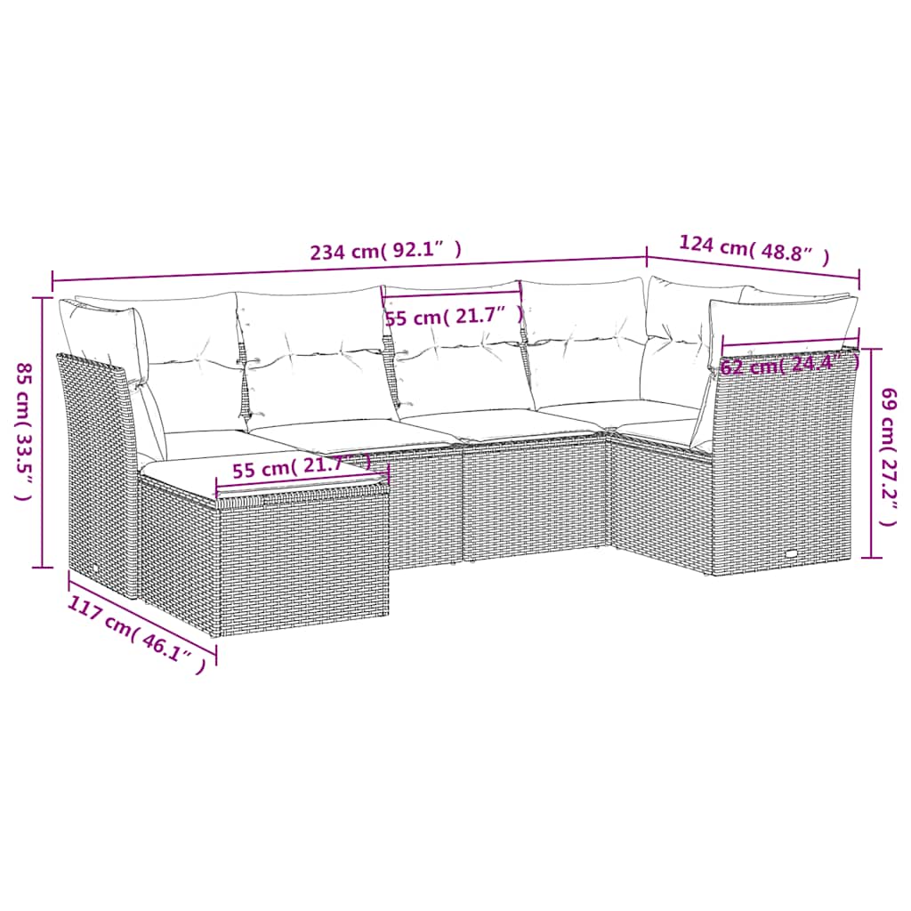 Set Divano da Giardino 6 pz con Cuscini Nero in Polyrattan
