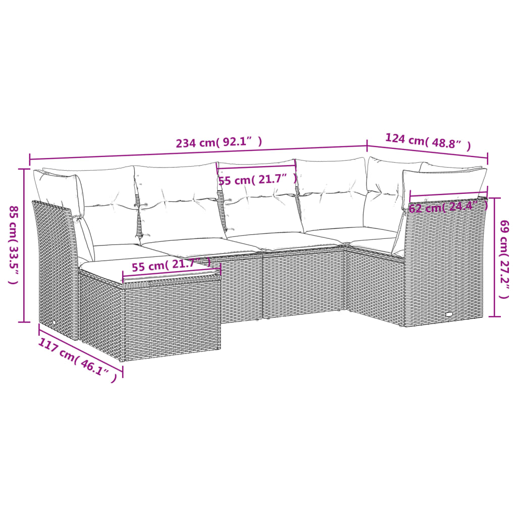 Set Divano da Giardino 6pz con Cuscini Grigio Chiaro Polyrattan | homemem39