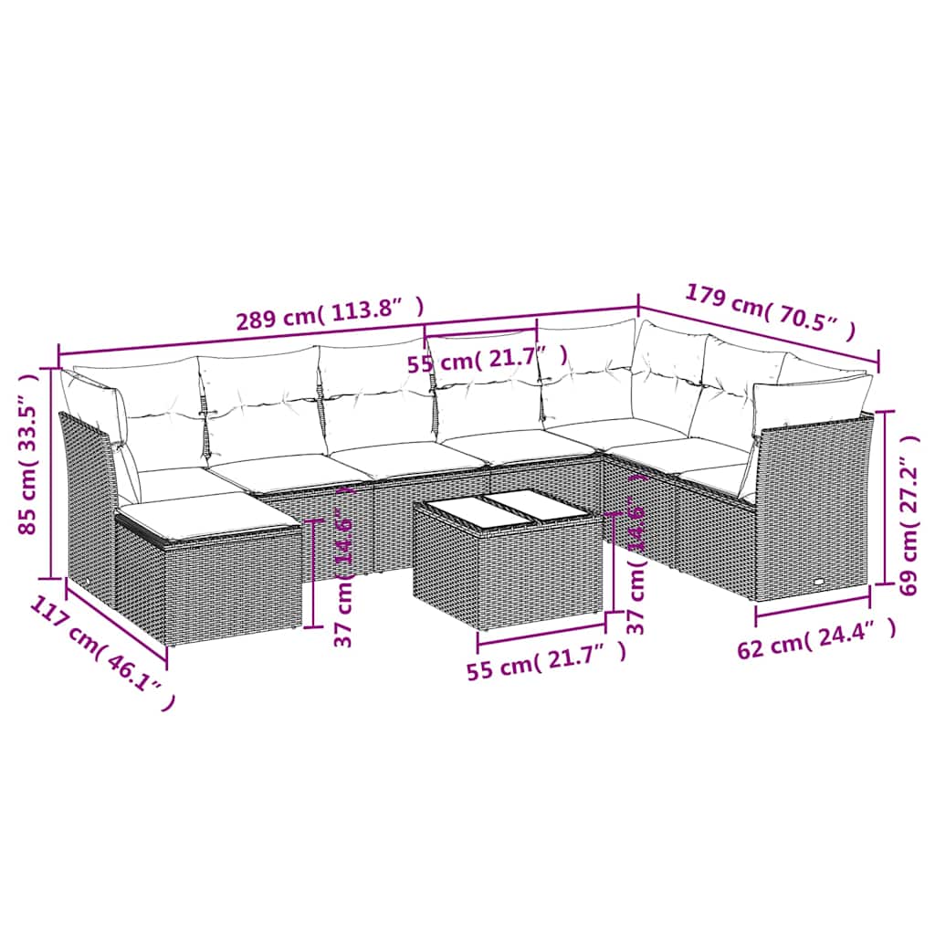 Set Divani da Giardino 9 pz con Cuscini Nero in Polyrattan | homemem39